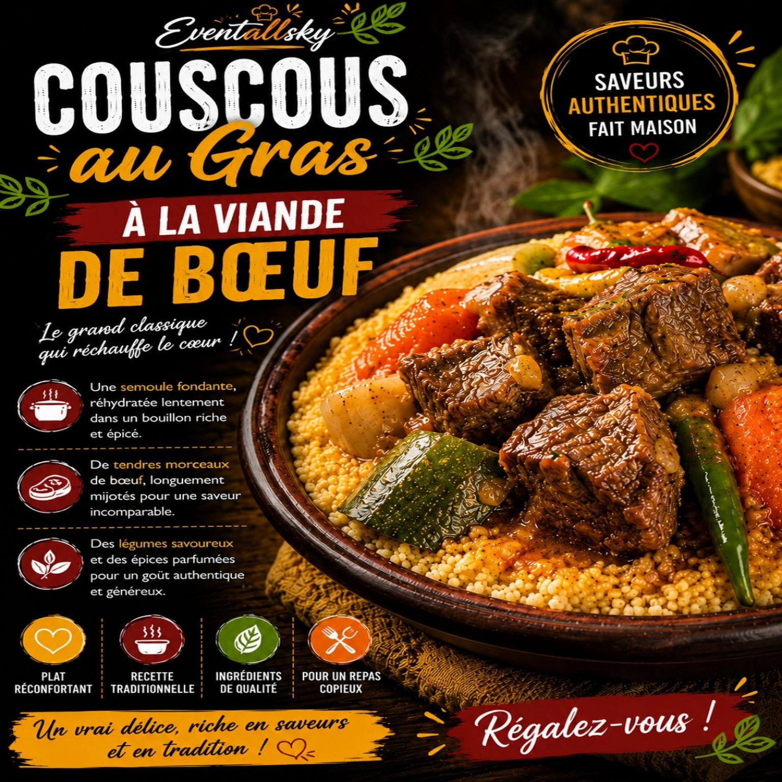 Couscous au gras à la viande de bœuf  🍲